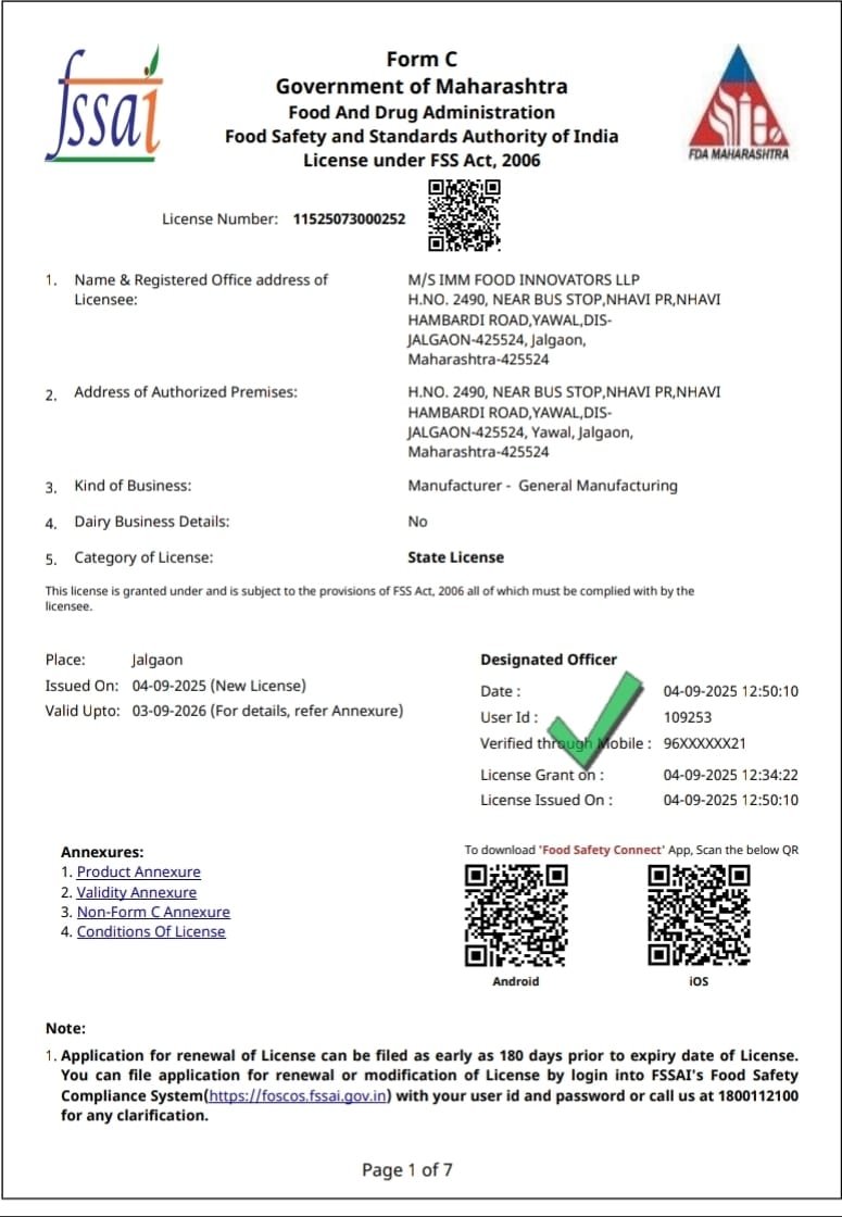 FSSAI Dehydrated food powder manufacturing facility of IMM Food Innovators in Maharashtra