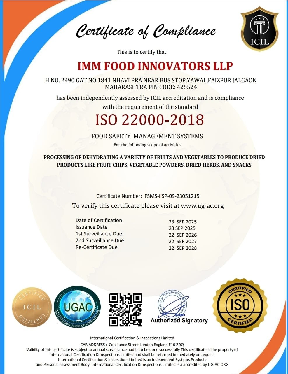 ISO Dehydrated food powder manufacturing facility of IMM Food Innovators in Maharashtra
